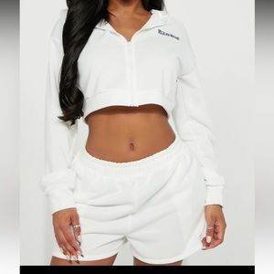 Fashion Nova 2 Piece White Zip Up “Baddie” Set- Size L